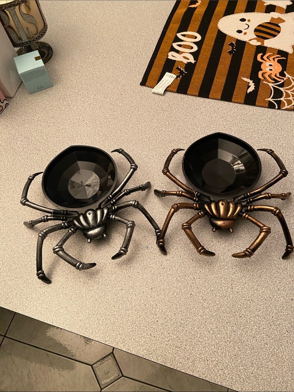 Pair of Decorative Spider Candy Bowls - Silver & Bronze